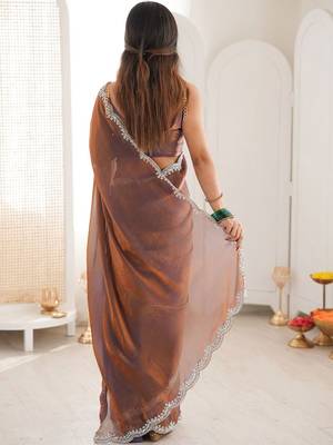 Brown embellished zari satin heavy work saree 3