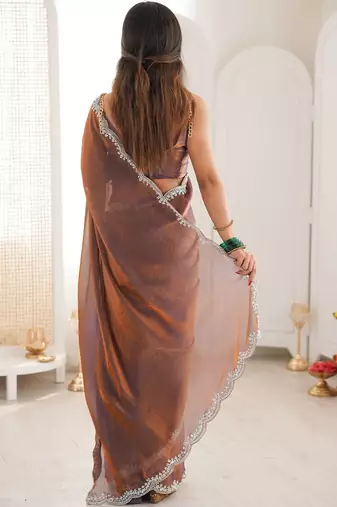Brown embellished zari satin heavy work saree