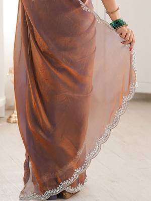 Brown embellished zari satin heavy work saree 5