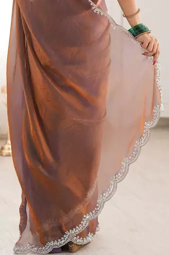 Brown embellished zari satin heavy work saree