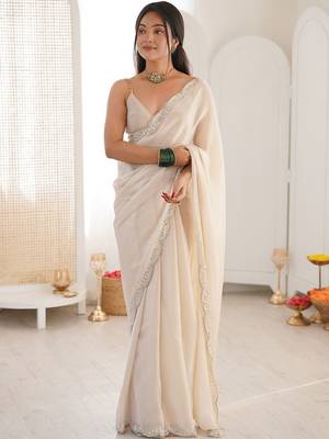 Off white embellished sequinned satin heavy work saree 2