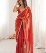 Red embellished embroidered satin heavy work saree