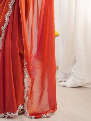 Red embellished embroidered satin heavy work saree 5
