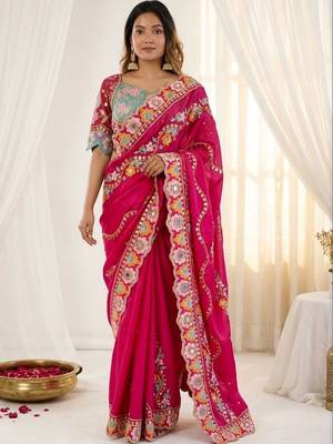 Magenta embellished floral mirror work  georgette designer saree 1