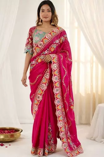 Magenta embellished floral mirror work  georgette designer saree