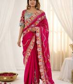 Magenta embellished floral mirror work  georgette designer saree