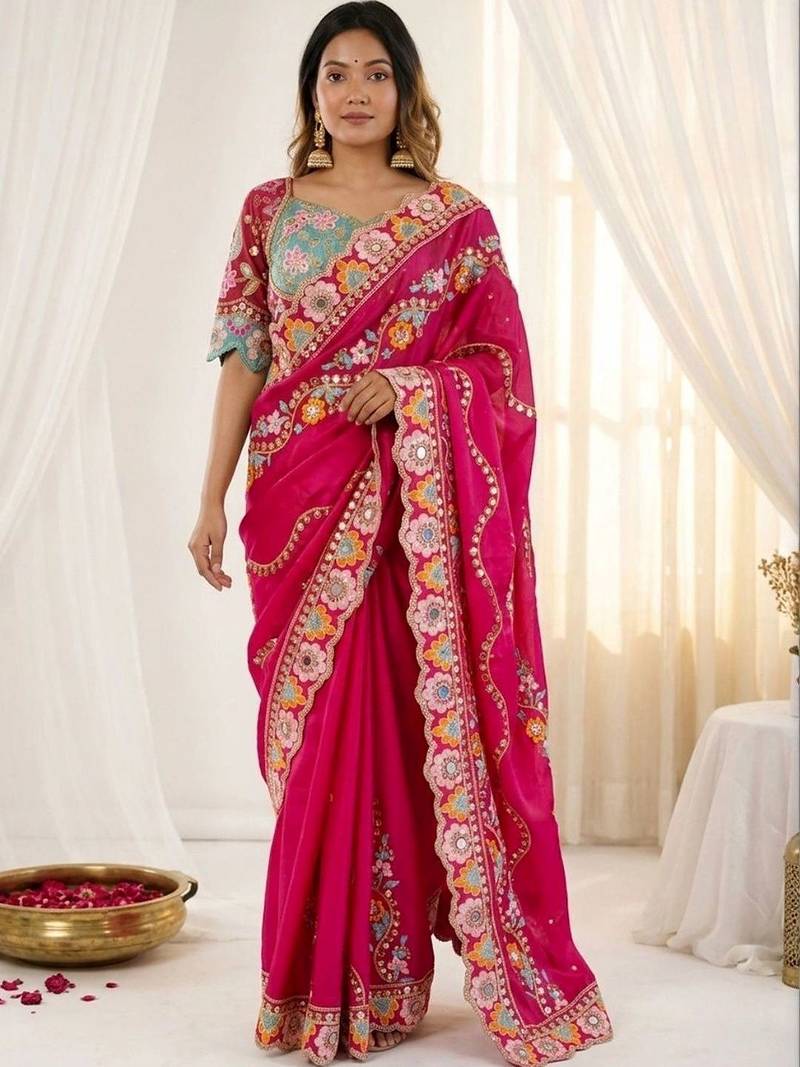 Magenta embellished floral mirror work  georgette designer saree