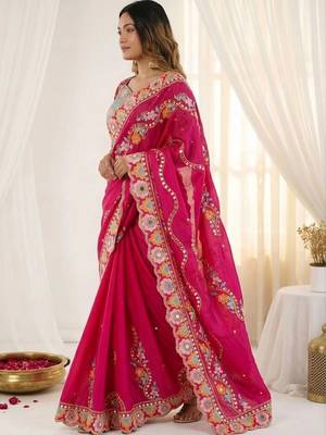 Magenta embellished floral mirror work  georgette designer saree 2