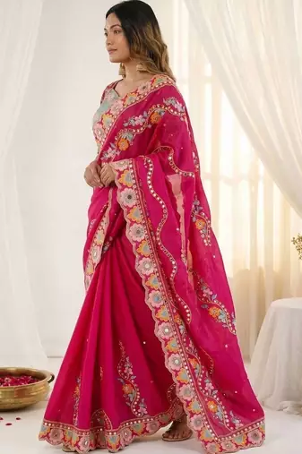 Magenta embellished floral mirror work  georgette designer saree