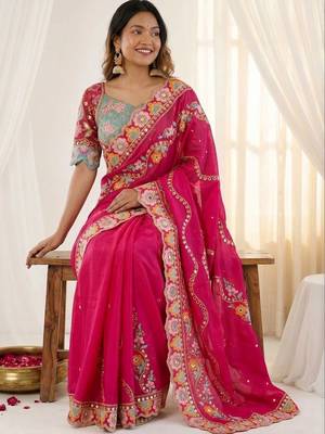 Magenta embellished floral mirror work  georgette designer saree 3
