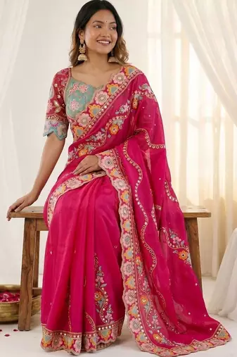 Magenta embellished floral mirror work  georgette designer saree