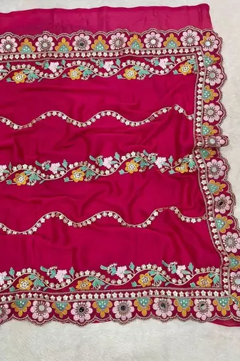 Magenta embellished floral mirror work  georgette designer saree
