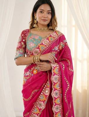 Magenta embellished floral mirror work  georgette designer saree 5