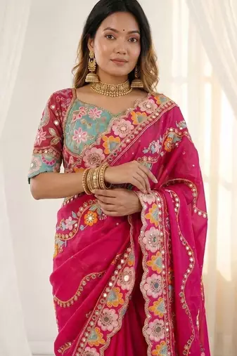 Magenta embellished floral mirror work  georgette designer saree