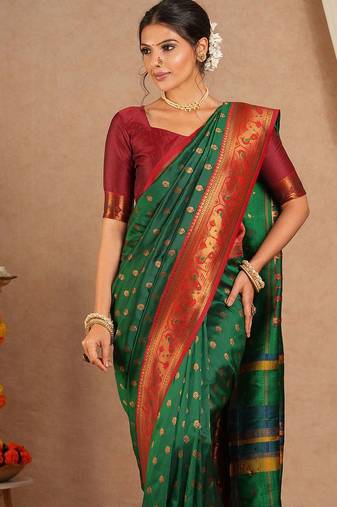 Green woven design zari silk blend paithani saree