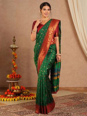 Green woven design zari silk blend paithani saree 2