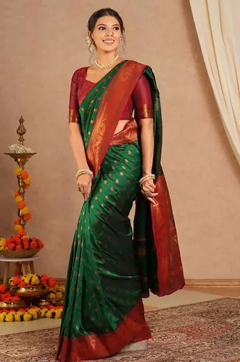 Green woven design zari silk blend paithani saree