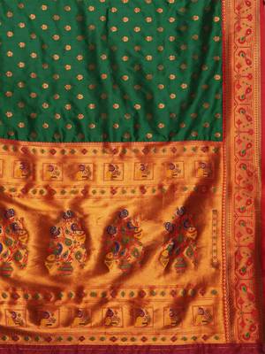 Green woven design zari silk blend paithani saree 5