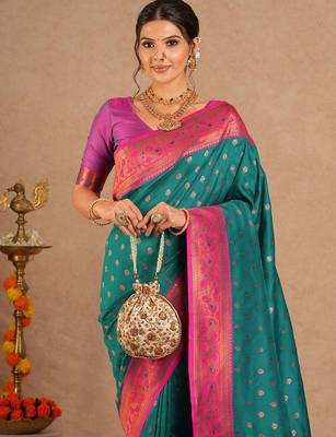 Teal woven design zari silk blend paithani saree 1
