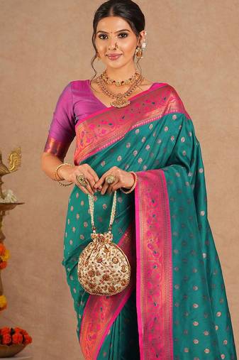 Teal woven design zari silk blend paithani saree