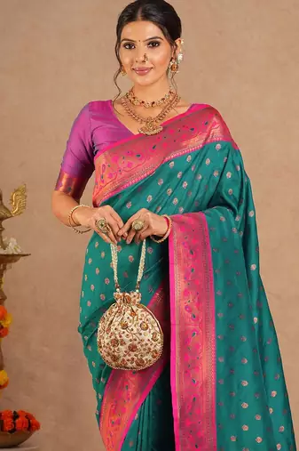Teal woven design zari silk blend paithani saree