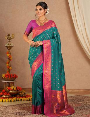 Teal woven design zari silk blend paithani saree 2