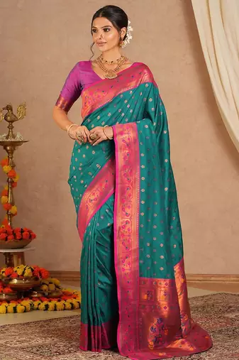 Teal woven design zari silk blend paithani saree