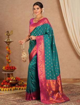 Teal woven design zari silk blend paithani saree 3