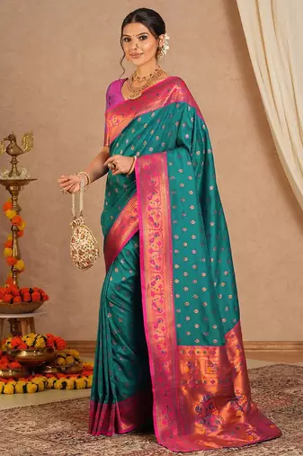 Teal woven design zari silk blend paithani saree