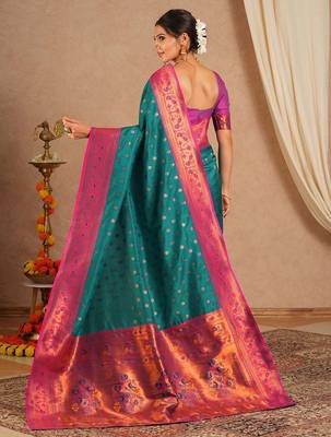 Teal woven design zari silk blend paithani saree 4
