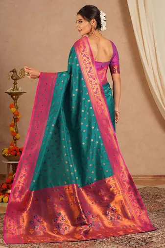 Teal woven design zari silk blend paithani saree