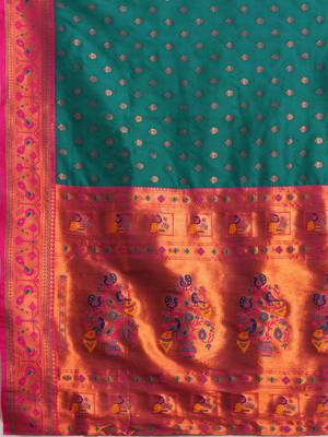 Teal woven design zari silk blend paithani saree 5