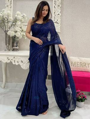Navy blue striped sequinned poly georgette saree 1