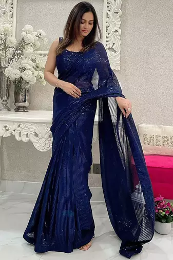 Navy blue striped sequinned poly georgette saree