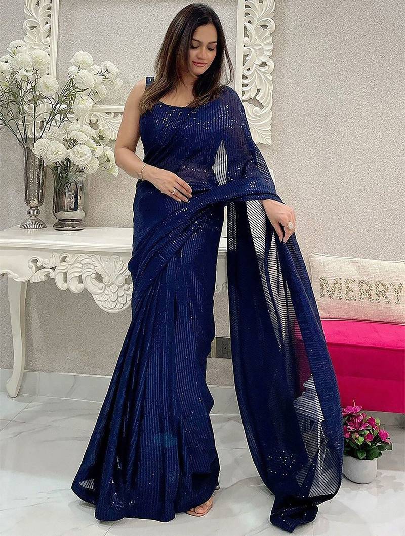 Navy blue striped sequinned poly georgette saree
