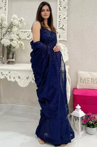 Navy blue striped sequinned poly georgette saree