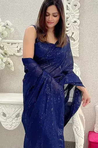Navy blue striped sequinned poly georgette saree