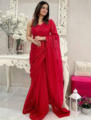 Red embellished sequinned saree with blouse piece 1