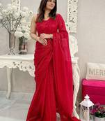 Red embellished sequinned saree with blouse piece