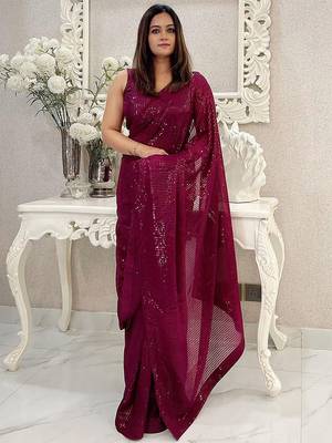 Burgundy embellished sequinned saree 1