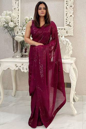 Burgundy embellished sequinned saree