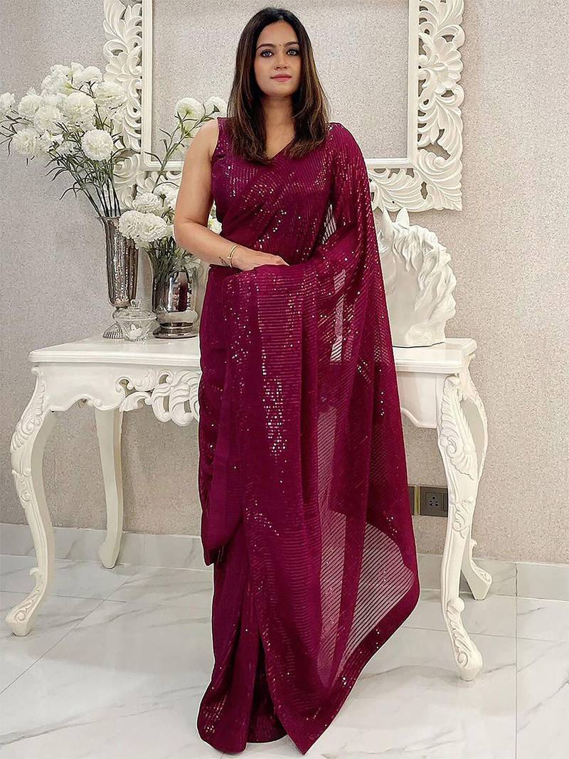 Burgundy embellished sequinned saree