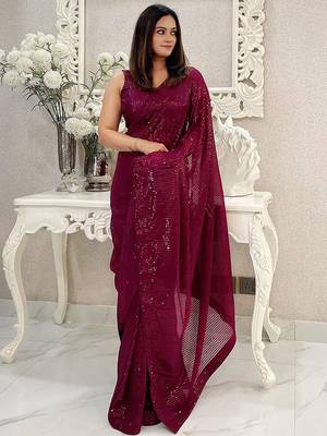 Burgundy embellished sequinned saree 3