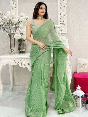 Green striped sequinned saree 3