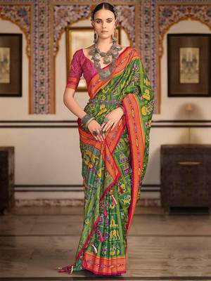 Green ethnic motifs printed zari patola celebrity saree 1