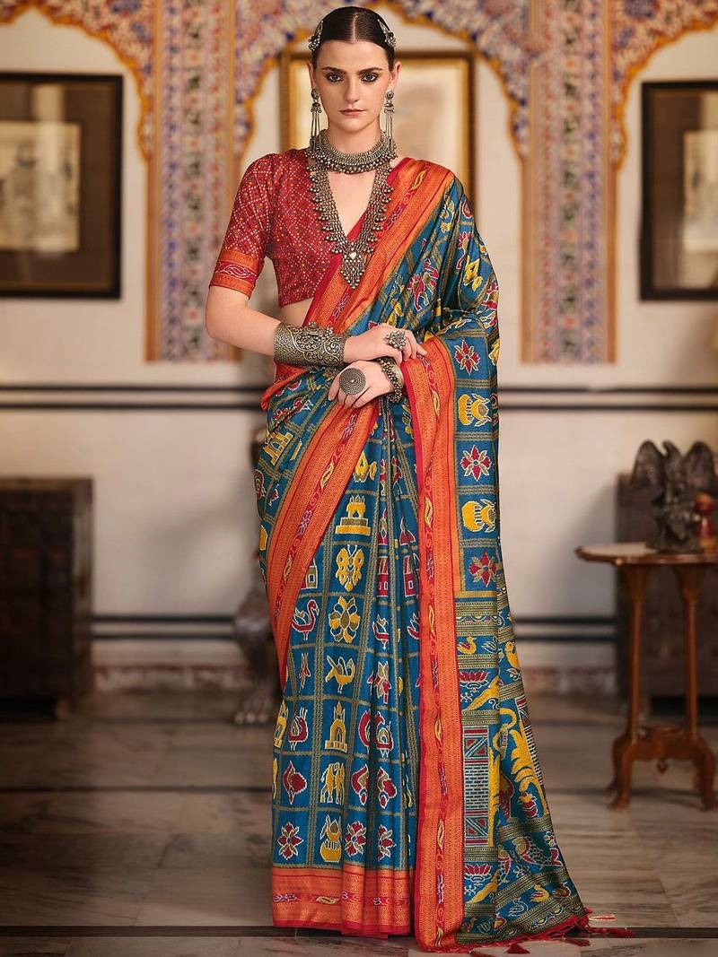 Navy blue ethnic motifs zari navy blue silk blend patola saree