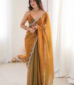 Gold embellished zari satin heavy work saree