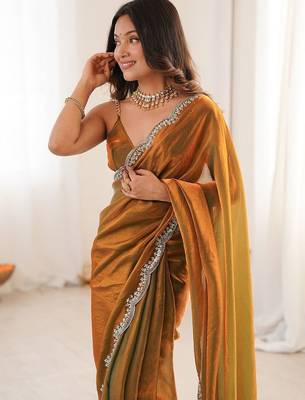Gold embellished zari satin heavy work saree 2