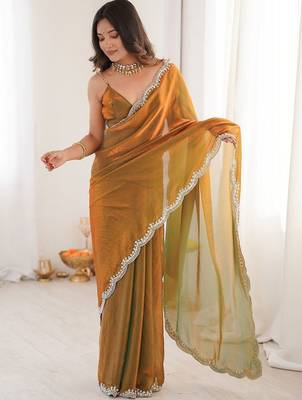 Gold embellished zari satin heavy work saree 3