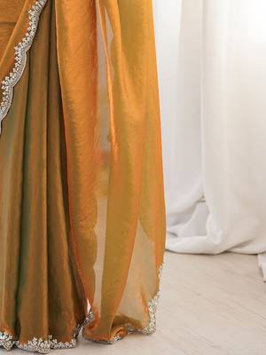Gold embellished zari satin heavy work saree 5